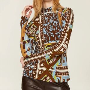 Tory Burch Geometric Garden Top Blue & Brown Floral Print Long Sleeve Turtleneck